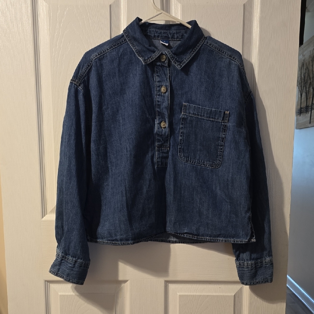 Old Navy Blue Denim Shirt with Yellow Topstitching